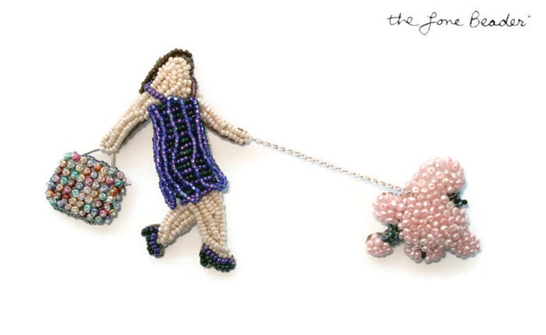 Sale: Beaded French Lady Walking Pink Poodle 2-Part Pearl Pin Brooch Bead Embroidery Jewelry Gift for Her / Ready to Ship a image 2