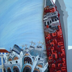May include: A beaded artwork depicting a cityscape with a tall red building and several white buildings with domes. The artwork is made with beads of various colors and sizes, creating a textured and detailed effect.