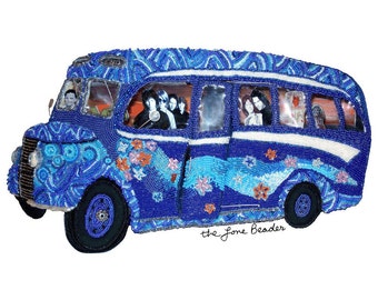 THE END- Psychedelic blue British beaded bus shadowbox art replica (50% Downpayment)