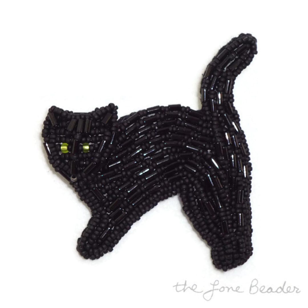BLACK CAT Beaded Art Pin Pendant Necklace Bead Embroidery Jewelry ...
