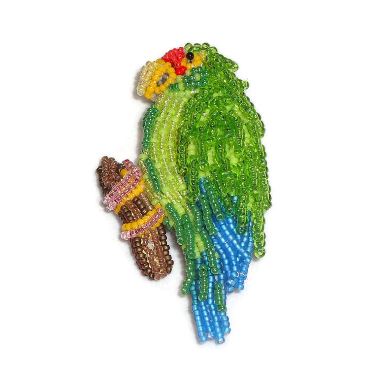 BLUE WINGED AMAZON Parrot Pin Yucatan Mexico Bead Embroidery Beaded Bird Brooch Pajaros Ready to Ship a image 5