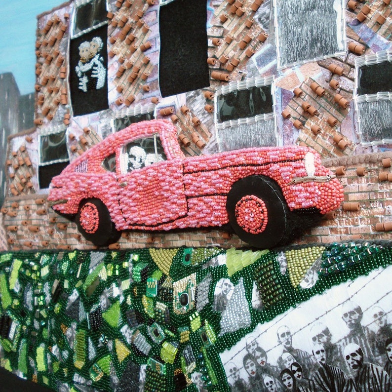 Sale: East London UK Beaded Art Triumph GT6 auto mixed media bead embroidery painting on canvas s image 3