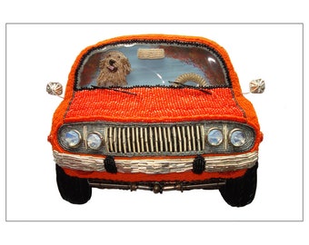 Golden Retrievers Love Trucks (and cars)- Original Dog Art Print 4x6 Postcard (Made To Order)