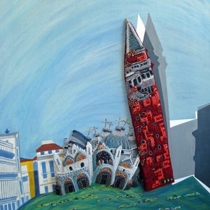 May include: A colorful, hand-crafted artwork depicting a red and white tower with a blue roof, surrounded by a green field and a blue sky. The tower is made of fabric and beads, and the field is made of beads. The artwork is a unique and creative representation of a famous landmark.