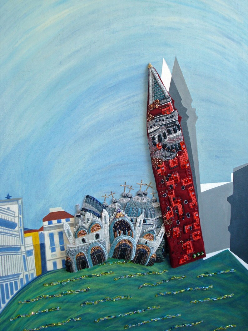 May include: A colorful, hand-crafted artwork depicting a red and white tower with a blue roof, surrounded by a green field and a blue sky. The tower is made of fabric and beads, and the field is made of beads. The artwork is a unique and creative representation of a famous landmark.