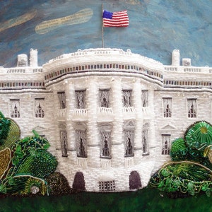 Beaded WHITE HOUSE portrait Washington DC fight for democracy mixed media wall art painting 24 x 36 Beadwork on oval canvas a s image 2