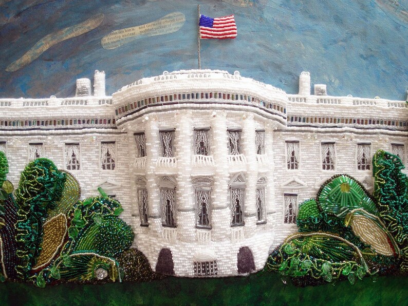 Beaded WHITE HOUSE portrait Washington DC fight for democracy mixed media wall art painting 24 x 36 Beadwork on oval canvas a s image 2