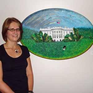 Beaded WHITE HOUSE portrait Washington DC fight for democracy mixed media wall art painting 24 x 36 Beadwork on oval canvas a s image 5