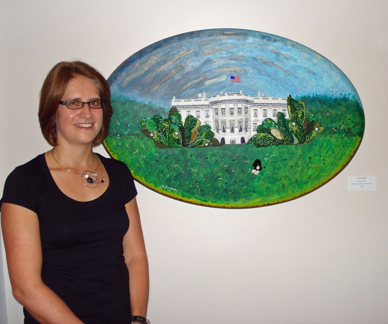 Beaded WHITE HOUSE portrait Washington DC fight for democracy mixed media wall art painting 24 x 36 Beadwork on oval canvas a s image 5