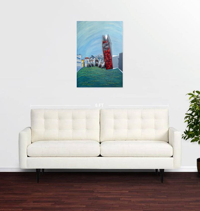 May include: A painting of a red building with a clock tower, surrounded by other buildings and a green lawn. The building is tilted at an angle, as if it is falling over.