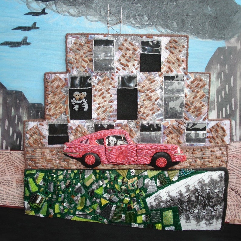 Sale: East London UK Beaded Art Triumph GT6 auto mixed media bead embroidery painting on canvas s image 2