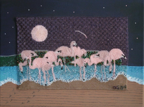 フラミンゴムーンビーズ刺繍絵画：キャンバスに描かれた鳥のアート 