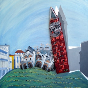 May include: A painting depicting a red and white building with a tall tower, set against a blue sky. The building is surrounded by a green grassy area.