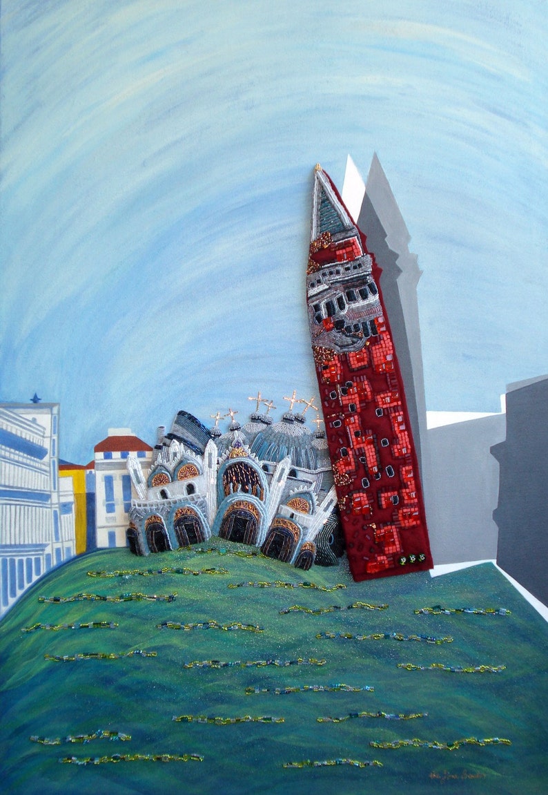 May include: A painting depicting a red and white building with a tall tower, set against a blue sky. The building is surrounded by a green grassy area.