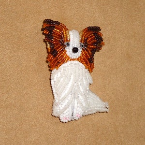 Sitting PAPILLON beaded dog pin pendant art necklace jewelry Made to Order, Brown or Black image 4