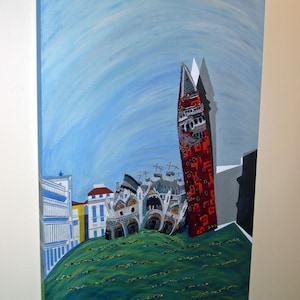 May include: A painting of a tall red and white tower with a blue sky background. The tower is surrounded by a green field and a white building in the background.