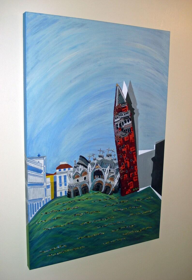 May include: A painting of a tall red and white tower with a blue sky background. The tower is surrounded by a green field and a white building in the background.