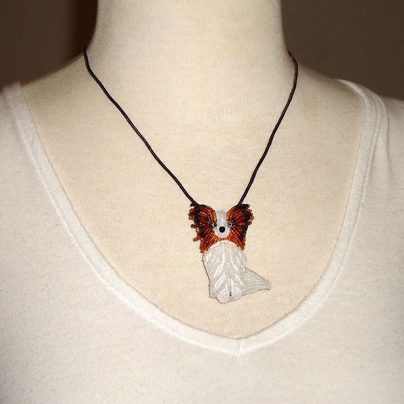 Sitting PAPILLON beaded dog pin pendant art necklace jewelry Made to Order, Brown or Black image 6