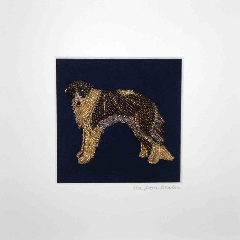 Sale: BORZOI Beaded Russian Wolfhound at Night Whimsical Mini Pet Portrait Framed Dog Art 8x8 shadowbox Ready to Ship a image 1