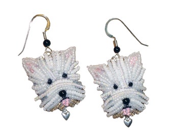 WESTIE LOVE beaded West Highland White Terrier keepsake bead embroidery dog earrings - Gift for Her (Made to Order)