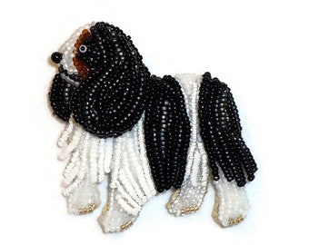 Cavalier KING CHARLES SPANIEL keepsake beaded dog pin pendant whimsical art bead embroidery jewelry (Made to Order)