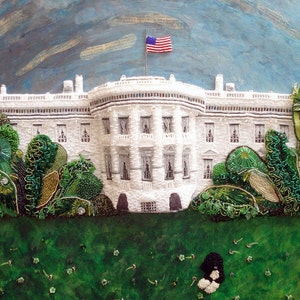 Beaded WHITE HOUSE portrait Washington DC fight for democracy mixed media wall art painting 24 x 36 Beadwork on oval canvas a s image 1