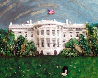 Beaded WHITE HOUSE portrait Washington DC fight for democracy mixed media wall art painting 24 x 36 Beadwork on oval canvas (a) (s)