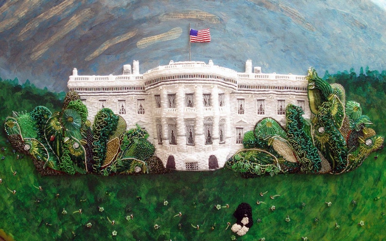 Beaded WHITE HOUSE portrait Washington DC fight for democracy mixed media wall art painting 24 x 36 Beadwork on oval canvas a s image 1
