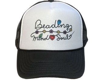 SAMPLE SALE Beading Mind & Soul- Black White Adjustable Mesh Trucker Hat - Beads Gems Crystals Baseball Cap