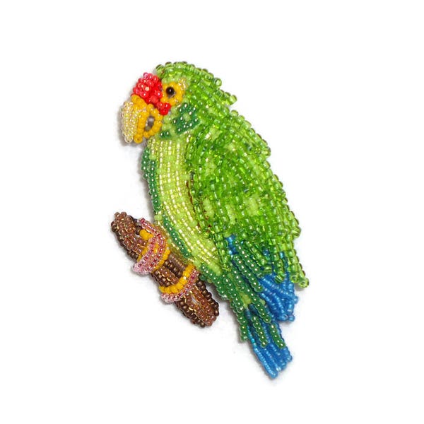 BLUE WINGED AMAZON Parrot Pin Yucatan Mexico- Bead Embroidery Beaded Bird Brooch Pajaros (Ready to Ship) (a)