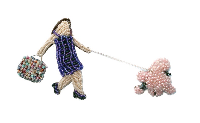 Sale: Beaded French Lady Walking Pink Poodle 2-Part Pearl Pin Brooch Bead Embroidery Jewelry Gift for Her / Ready to Ship a image 1