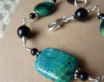 Bright Blue and Green Bracelet with Black Onyx and Silver