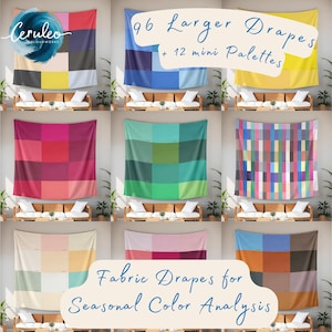 May include: Nine fabric drapes in various colour palettes, including blue, yellow, pink, green, and orange. The drapes are displayed on a wall above a sofa. Text on the image reads "96 Larger Drapes + 12 mini Palettes" and "Fabric Drapes for Seasonal Colour Analysis."