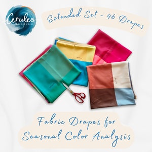 May include: A collection of 96 fabric drapes in a range of colours for seasonal colour analysis. The drapes are stacked, with scissors placed beside them. The image includes the text "Ceruleo Colour Works" and "Fabric Drapes for Seasonal Color Analysis."