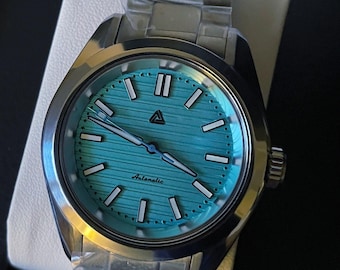 Custom Sports Watch with Turquoise Dial, SBGA style case and Stainless Bracelet