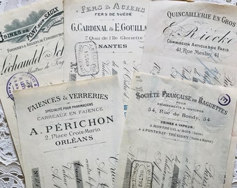 Antique French Invoices Vintage Papers Junk Journal Pack 5 Pieces