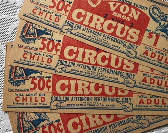 Four Vintage Von Bros Three Ring Circus Tickets Elephant Clown Carnival Junk Journal Ephemera Fun Pack