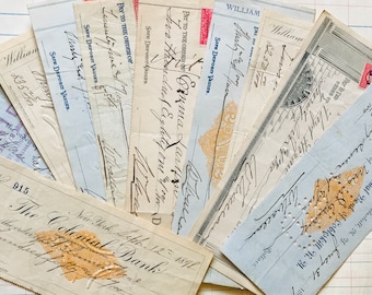 10 Antique Bank Checks, Junk Journal Ephemera Paper Pack, Vintage Documents