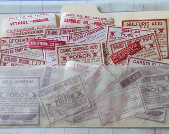 Vintage Poison Labels 30+ Apothecary Potions Medicine Red Gummed Labels Junk Journals Ephemera Pack