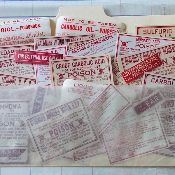 Vintage Poison Labels 30+ Apothecary Potions Medicine Red Gummed Labels Junk Journals Ephemera Pack