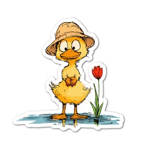 Spring Duckling Sticker – Cute Cartoon Duck in Sun Hat with Tulip | Kiss-Cut Vinyl StickerBubble-free stickers