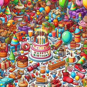 Puede incluir: Ilustración colorida de una celebración de cumpleaños, con una tarta con velas encendidas, globos, regalos envueltos, gorros de fiesta y varios dulces. La tarta tiene la inscripción "Happy Birthday".