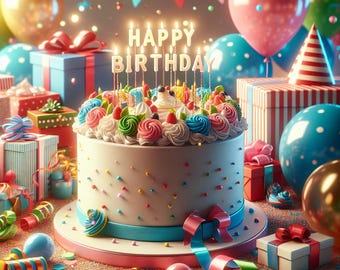 May include: A round birthday cake with white frosting, colorful sprinkles, and piped rosettes in pink, blue, and green. The cake is topped with lit candles spelling out Happy Birthday, surrounded by wrapped gift boxes, balloons, and party streamers.