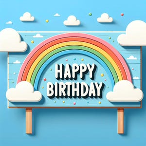 Sinalização de Feliz Aniversário em Arco-Íris - Topo de Bolo com Visual 3D Vibrante ou Decoração de Festa, Design de Arco Colorido com Nuvens Pastel para Imprimir e Explodir