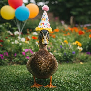 Impressão de foto de patinho de aniversário | Arte de parede engraçada de pato com chapéu de festa | Presente exclusivo para amantes de animais | Download digital instantâneo de decoração para impressão