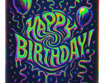 Tarjeta de cumpleaños animada con vídeo psicodélico y lámina a juego, animación con luz negra (descarga digital).