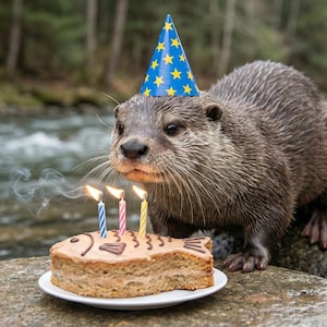Op de afbeelding: Een bruine otter met een blauwe feesthoed met gele sterren, naast een visvormige taart op een wit bord. De taart heeft drie brandende kaarsjes met zichtbare rookpluimen, en de otter kijkt naar de taart die op een rotsblok is geplaatst.
