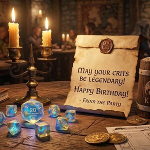 Op de afbeelding: Een verjaardagsscène met kaarsen, dobbelstenen en een houten mok. Een perkamentrol leest "May your crits be legendary! Happy Birthday!" Een grote, gloeiende twintigzijdige dobbelsteen is het middelpunt, met andere dobbelstenen en munten.