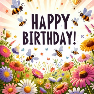 Tarjeta imprimible de feliz cumpleaños con diseño de abejas. Flores y abejas en el jardín. Tema de naturaleza caprichosa. Descarga digital. Decoración de cumpleaños.