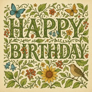 Vintage Botanical Happy Birthday Digital Print, Floral Lettering Wall Art, Elegant Nature Illustration Instant Download Printable